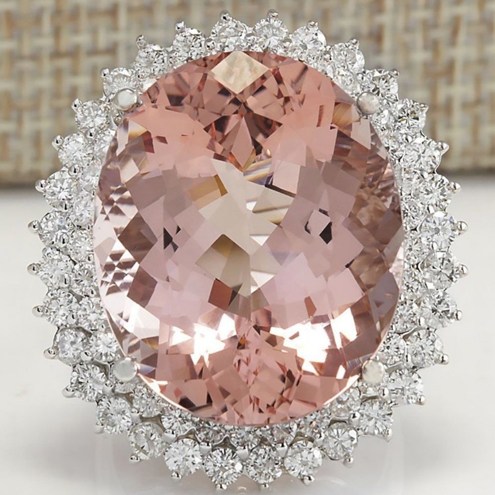 NEW Huge Oval Morganite Diamond Halo Silver Ring